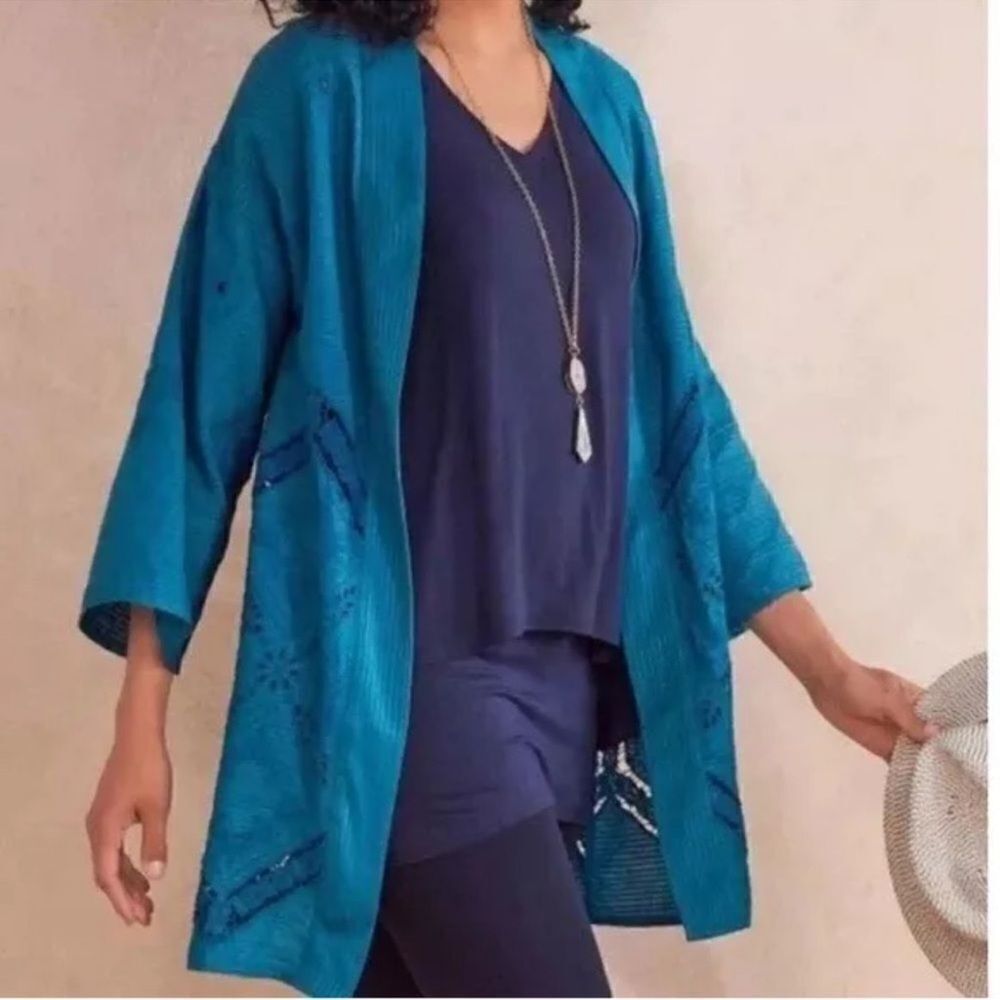NWT Soft Surroundings Blue Nightingale Topper Open Front Eyelet Cardigan